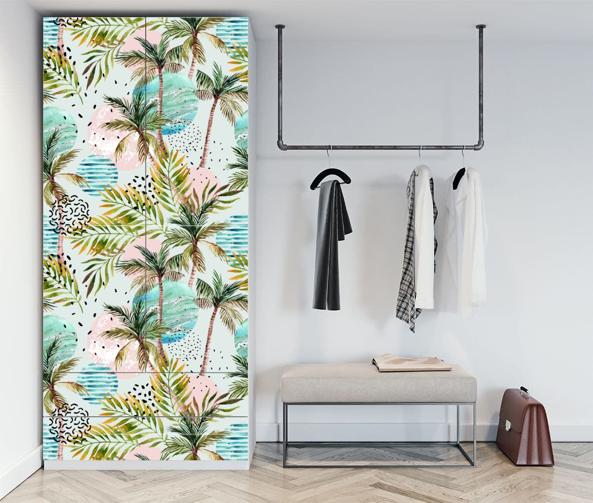 Palm Tree Pattern Almirah Wallpaper shown in a room