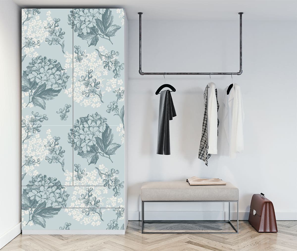 Soothing Flower Pattern Almirah Wallpaper shown in a room