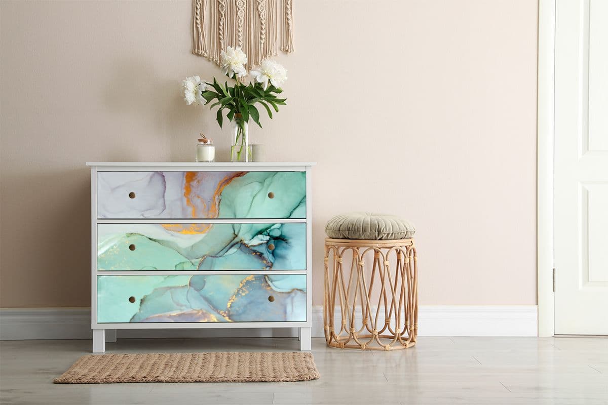 Teal Blue Marble Furniture Wallpaper shown in a room