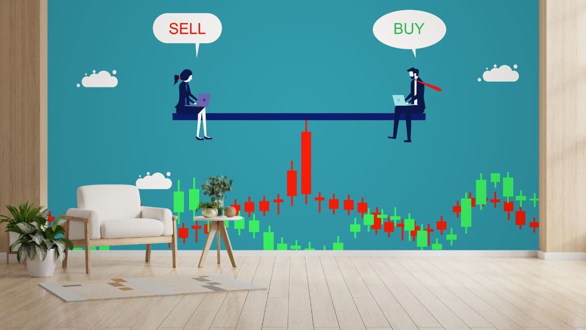 Buy or Sell Stock Market Wallpaper Mural shown in a room