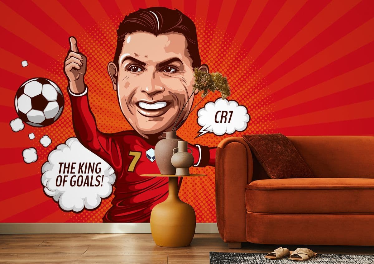 Cristiano Ronaldo King of Goals Football Fan Art Room Decor Wallpaper shown in a room