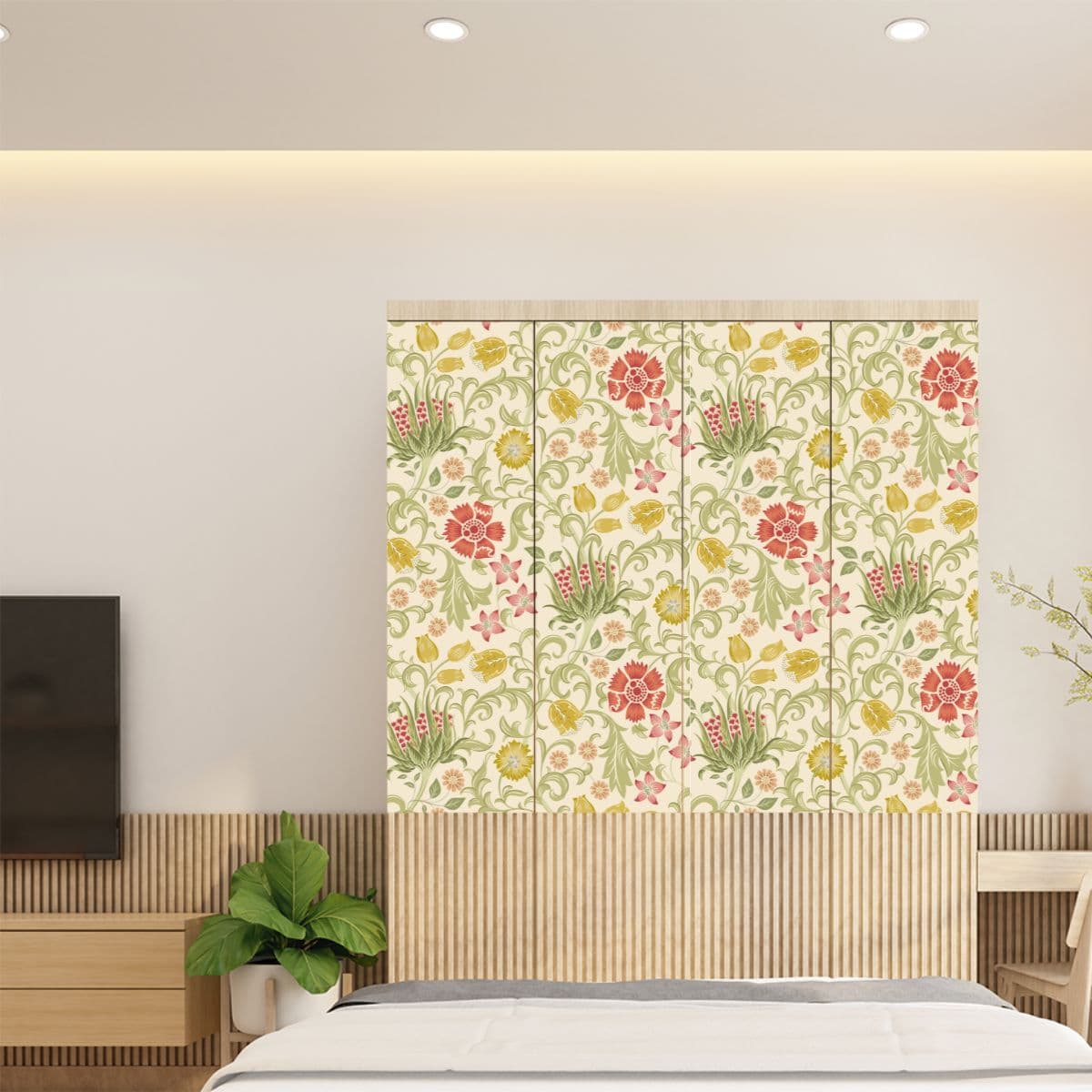 Beige Floral Pattern Wardrobe Wallpaper shown in a room