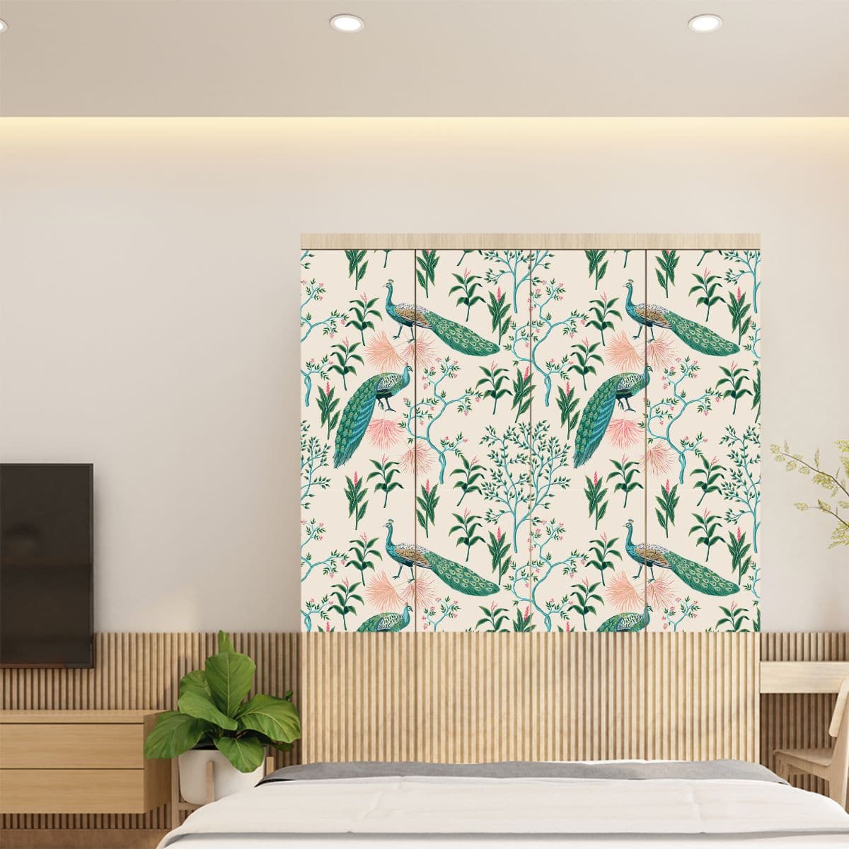 Mesmerizing Peacock Design Wardrobe Wallpaper shown in a room