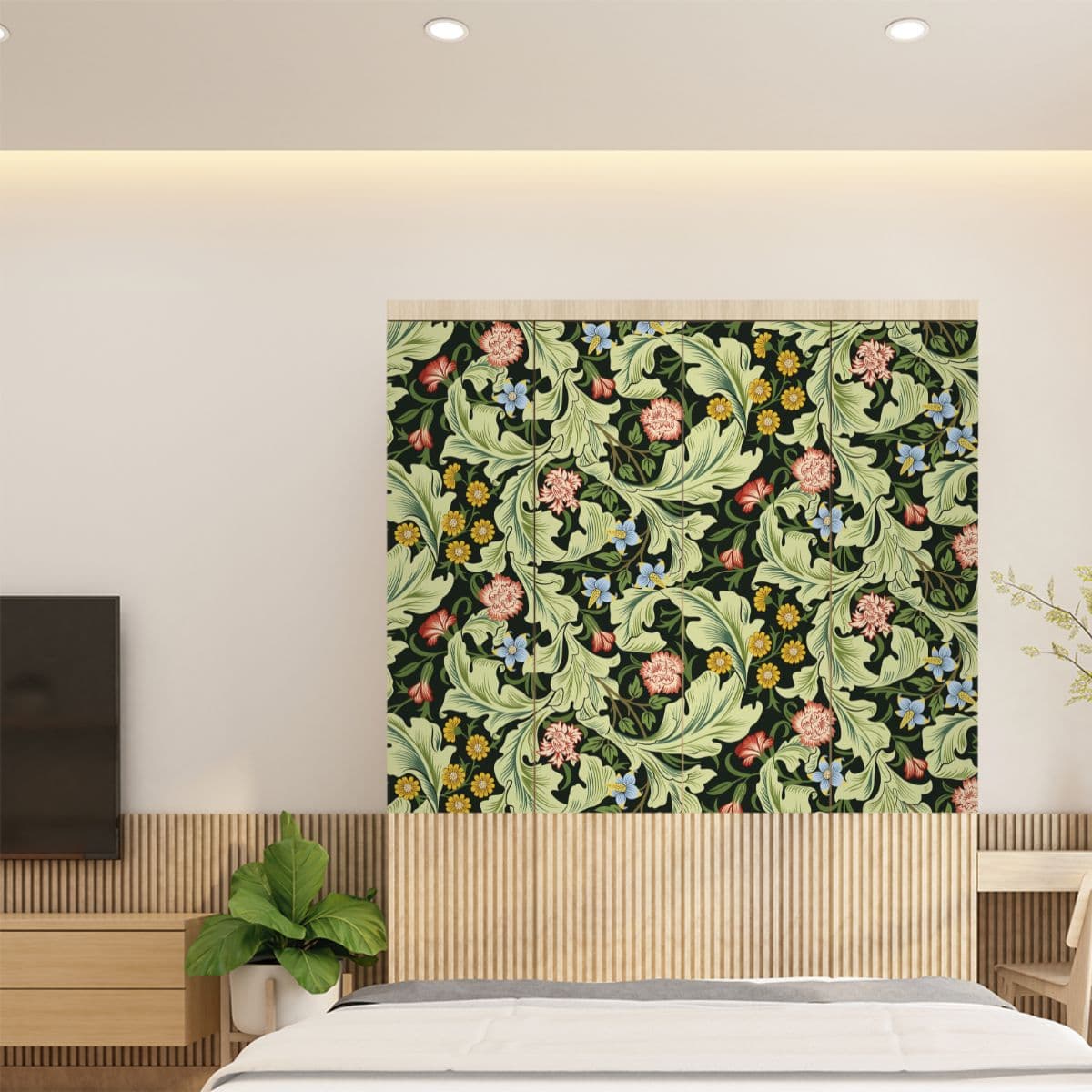 Midcentury Botanical Pattern Wardrobe Wallpaper shown in a room