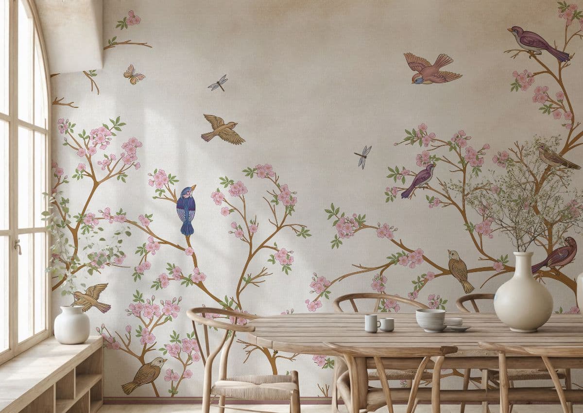 Blossom Bird Paradise Wallpaper shown in a room