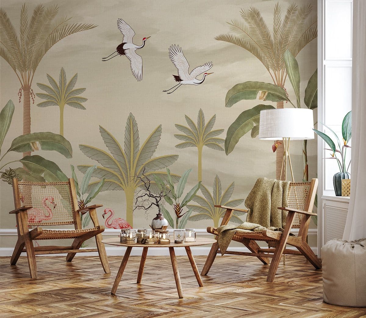 Whispering Wings Crane Tsuru Elegant Wall Mural Wallpaper shown in a room