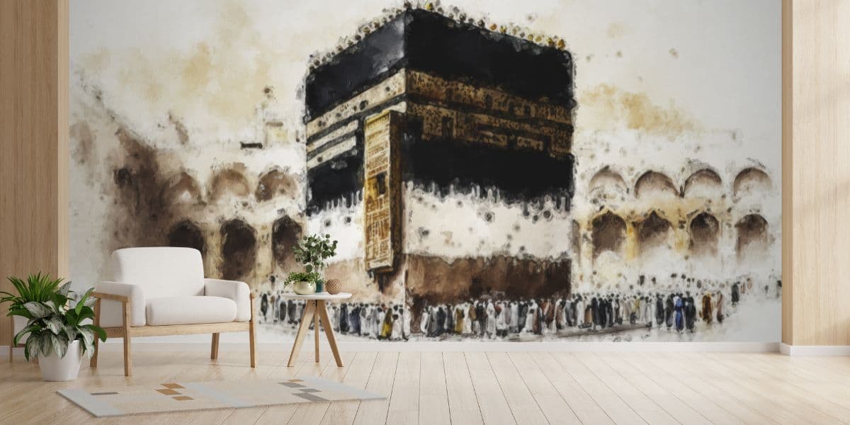 Painting of Kaaba Islamic Wallpaper shown in a room