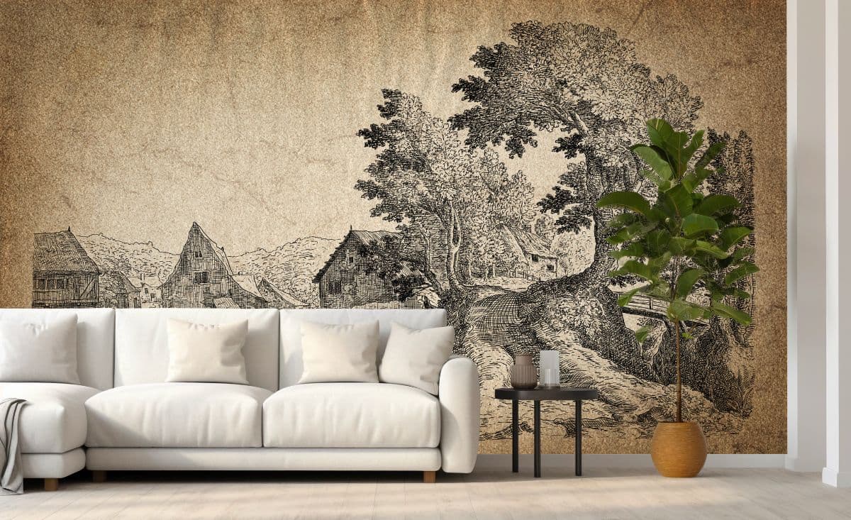 Classic Village Panorama Wallpaper shown in a room