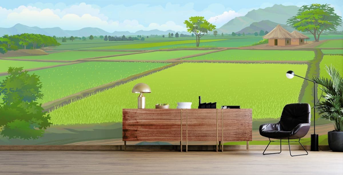 Tranquil Fieldscape Wallpaper Mural shown in a room