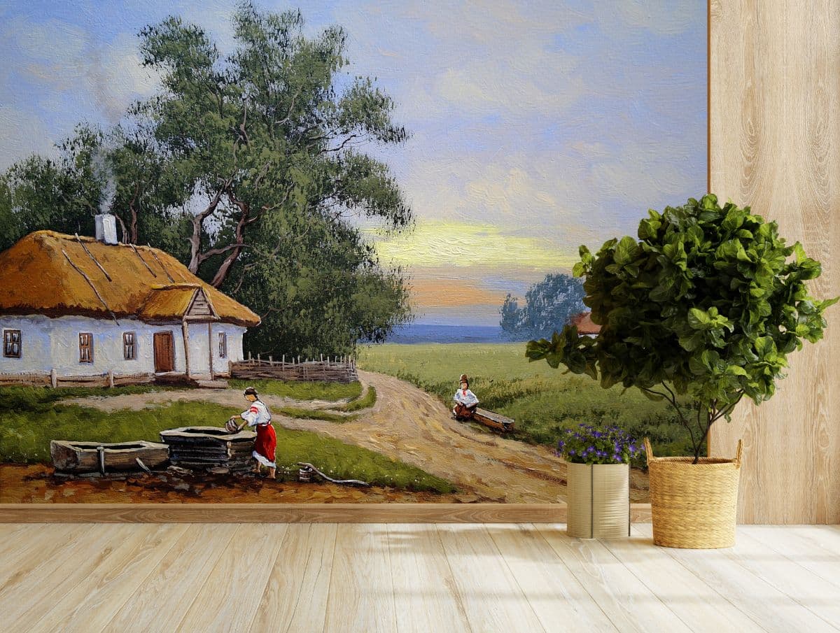 Village House Painting Landscape Wallpaper shown in a room