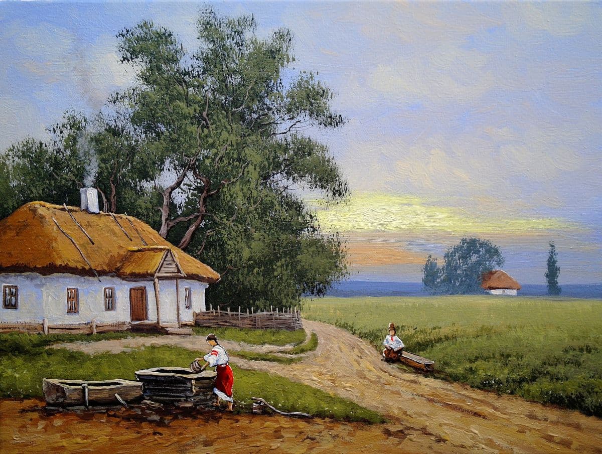 Village House Painting Landscape Wallpaper pattern detail