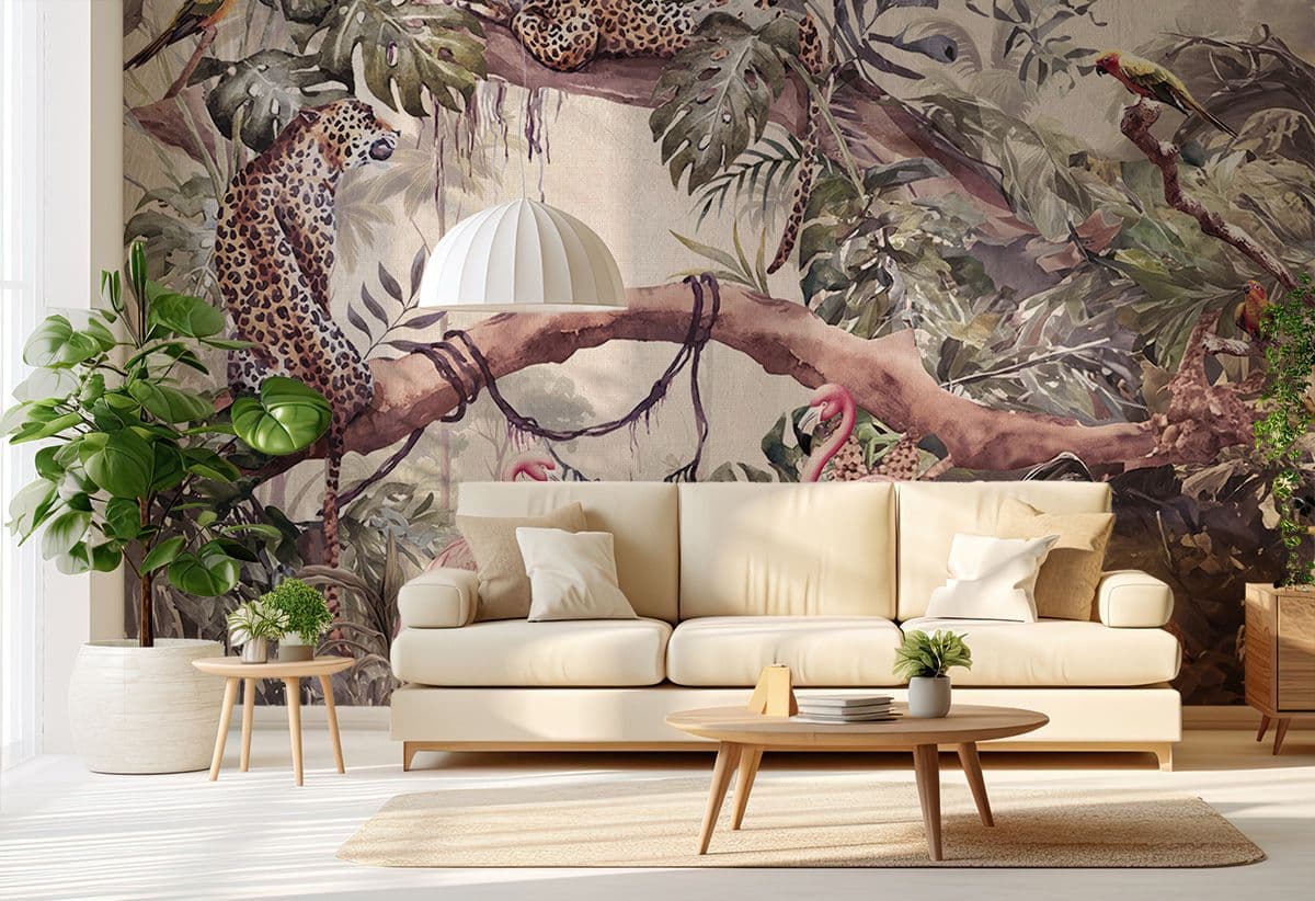 Leopard and Flamingo Oasis Wallpaper Mural, Customized shown in a room