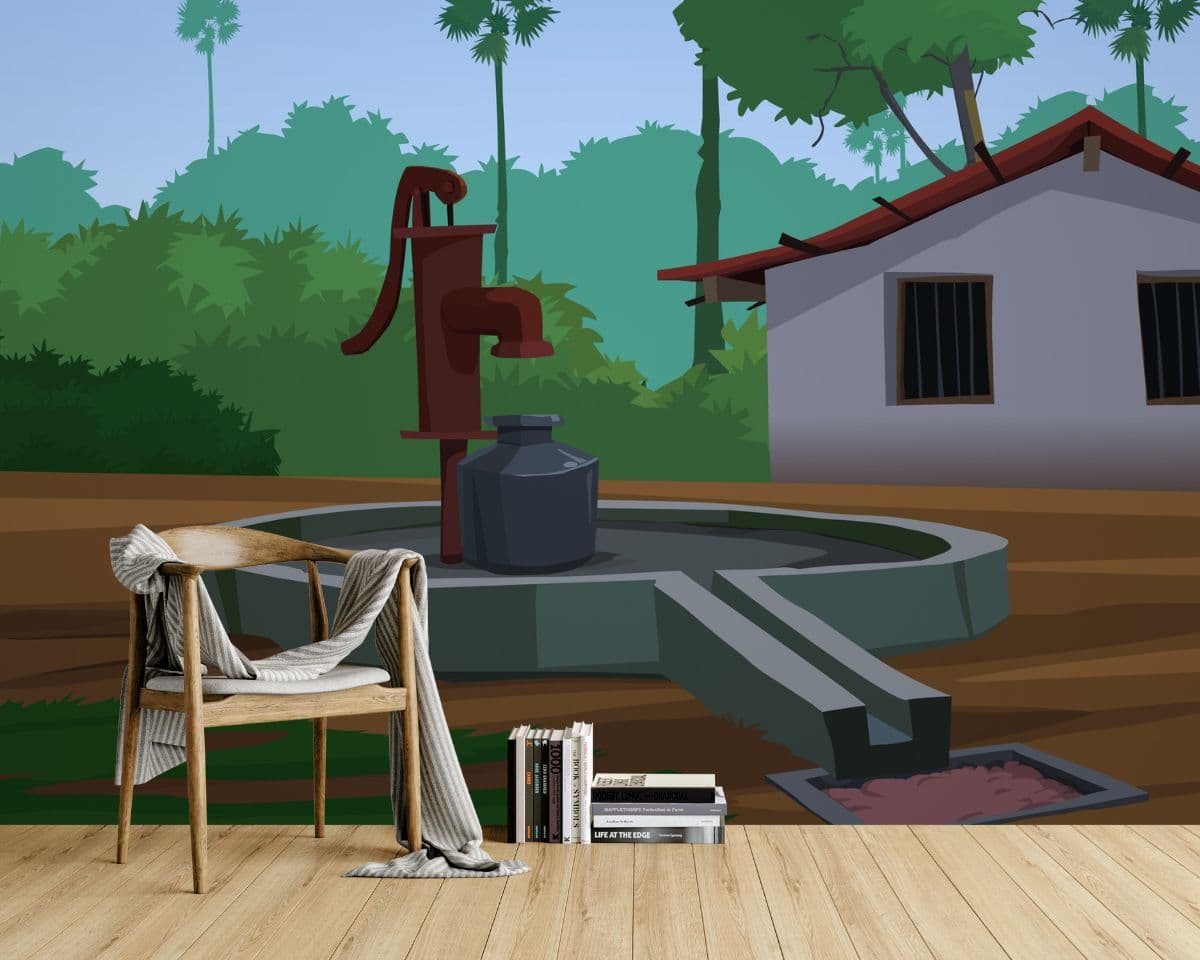 Hand Pump in Indian Villages Wallpaper Mural shown in a room