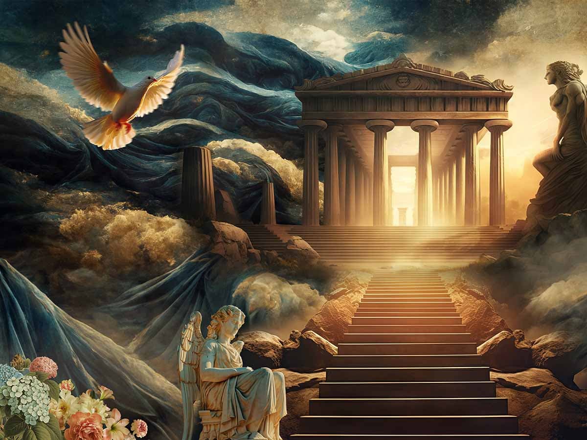 3D Renaissance Angels in Summer's Embrace Mural Wallpaper, Customized pattern detail