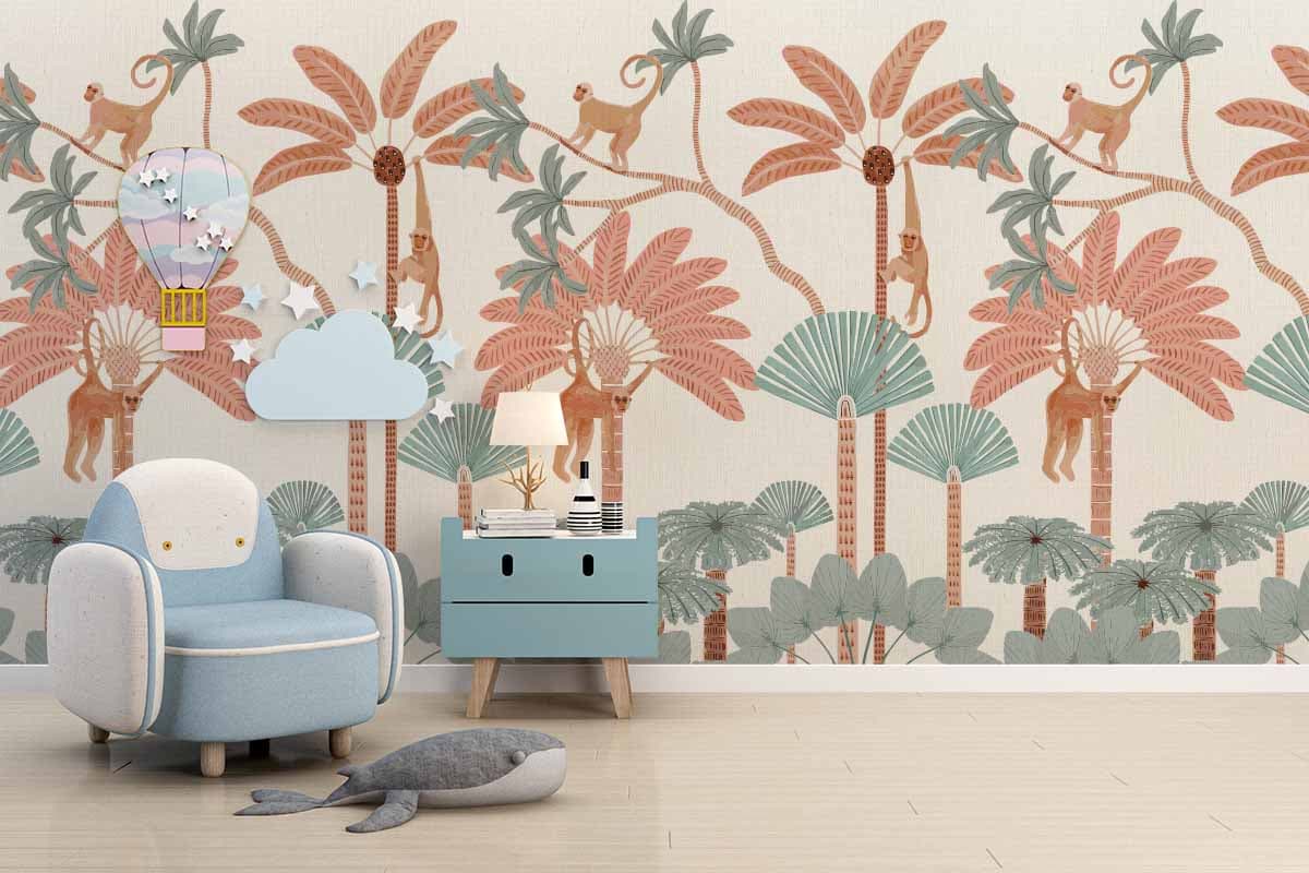 Monkey Safari Wallpaper Mural shown in a room