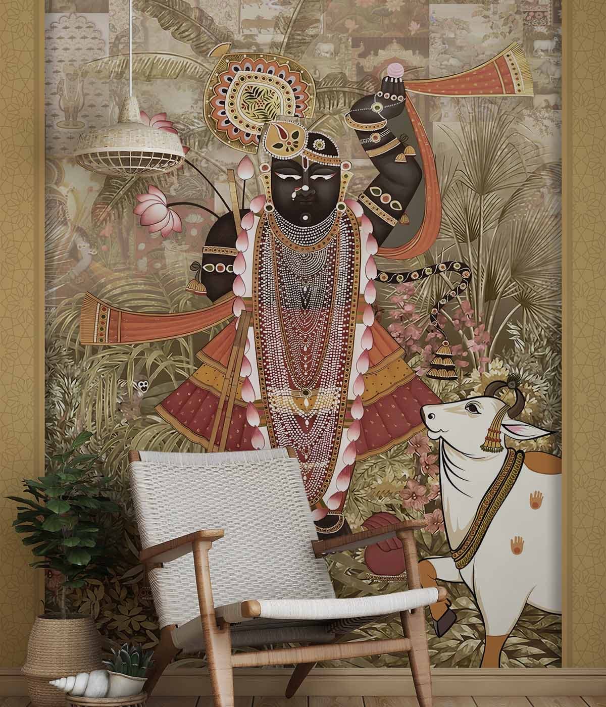 Shrinathji Pichwai Wallpaper shown in a room