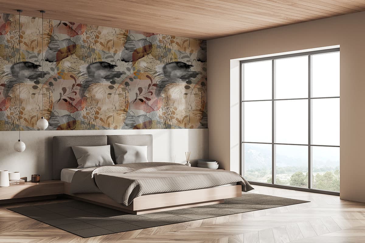 Modern Tropical Leaves Abstract Art Style wallpaper shown in a room
