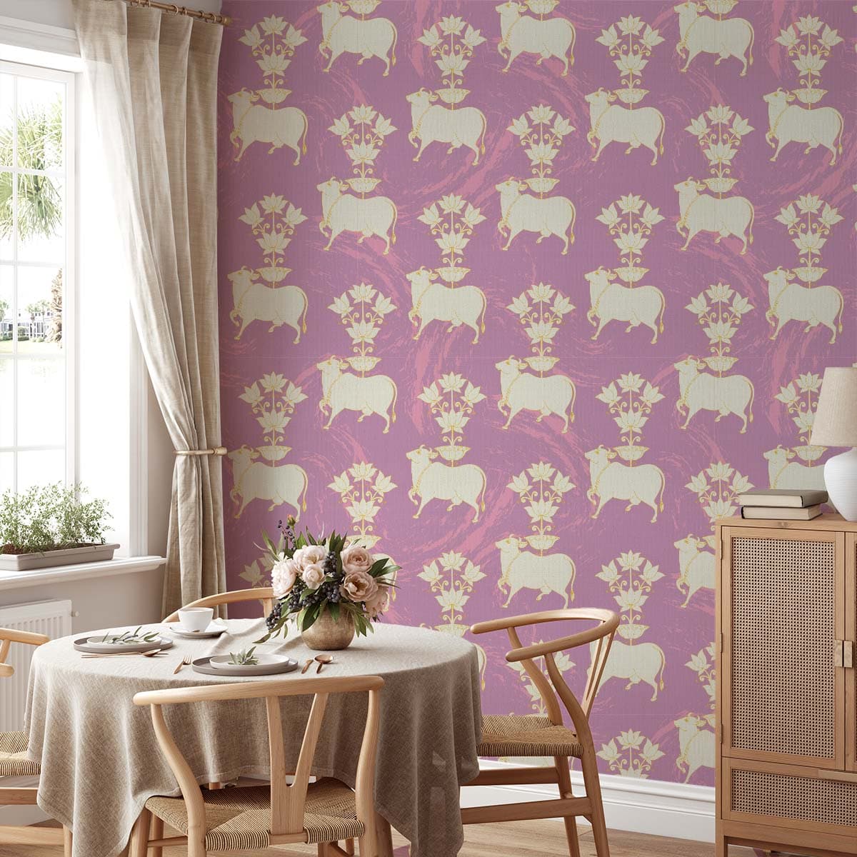 Sacred Pichwai Cow with Lotus Vastu Wallpaper shown in a room