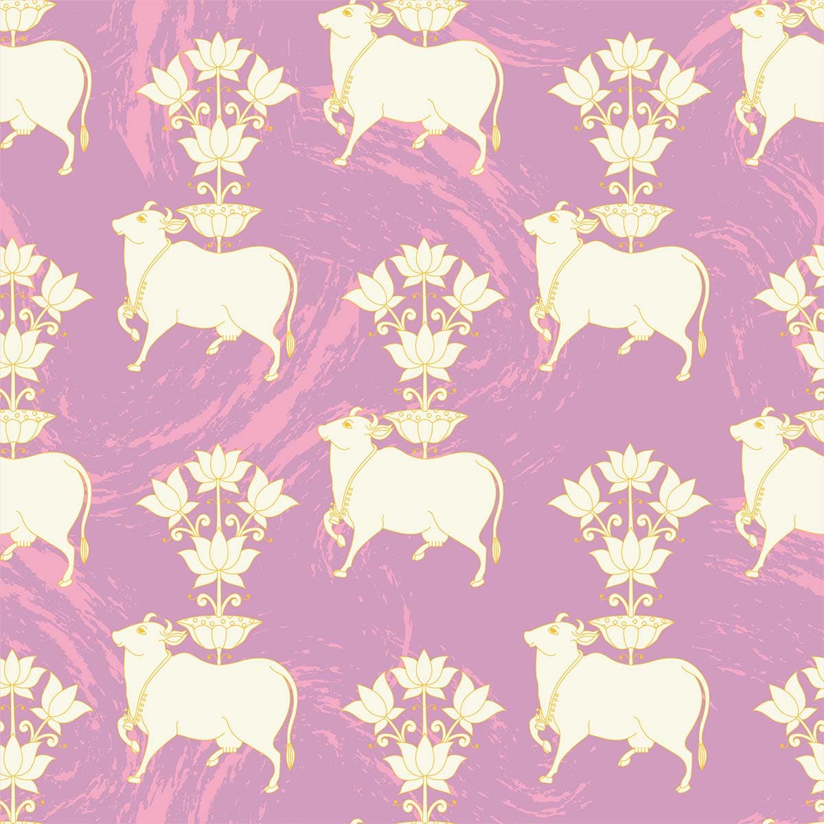 Sacred Pichwai Cow with Lotus Vastu Wallpaper pattern detail