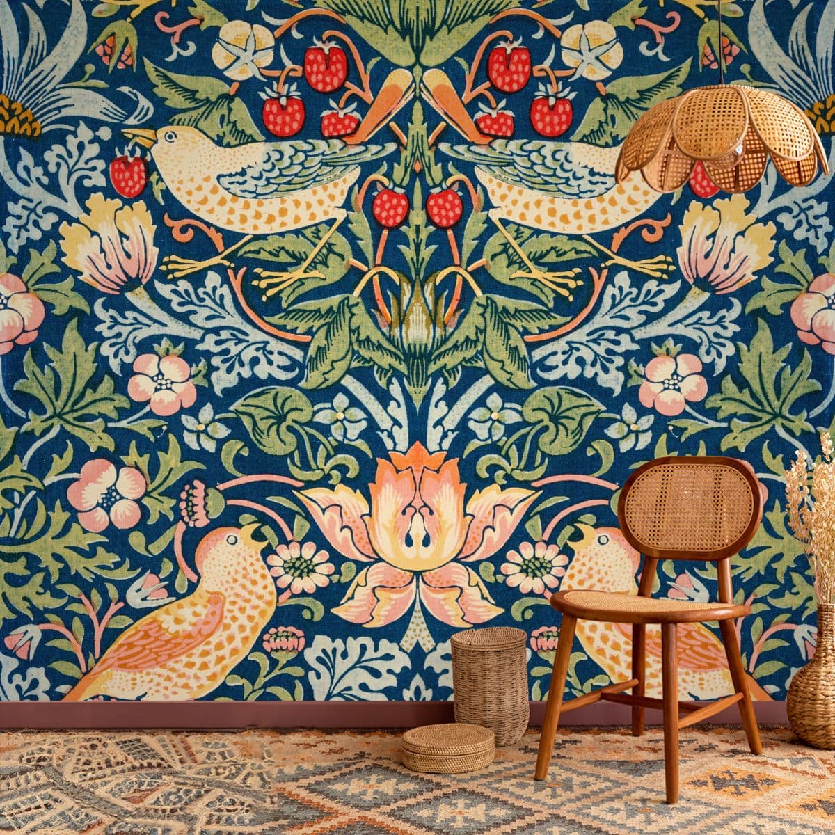 William Morris Strawberry Thief Wallpaper shown in a room