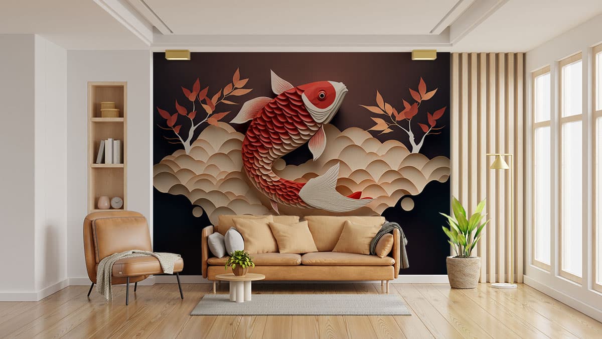 Serenity Koi Fish Vastu Art Wallpaper shown in a room