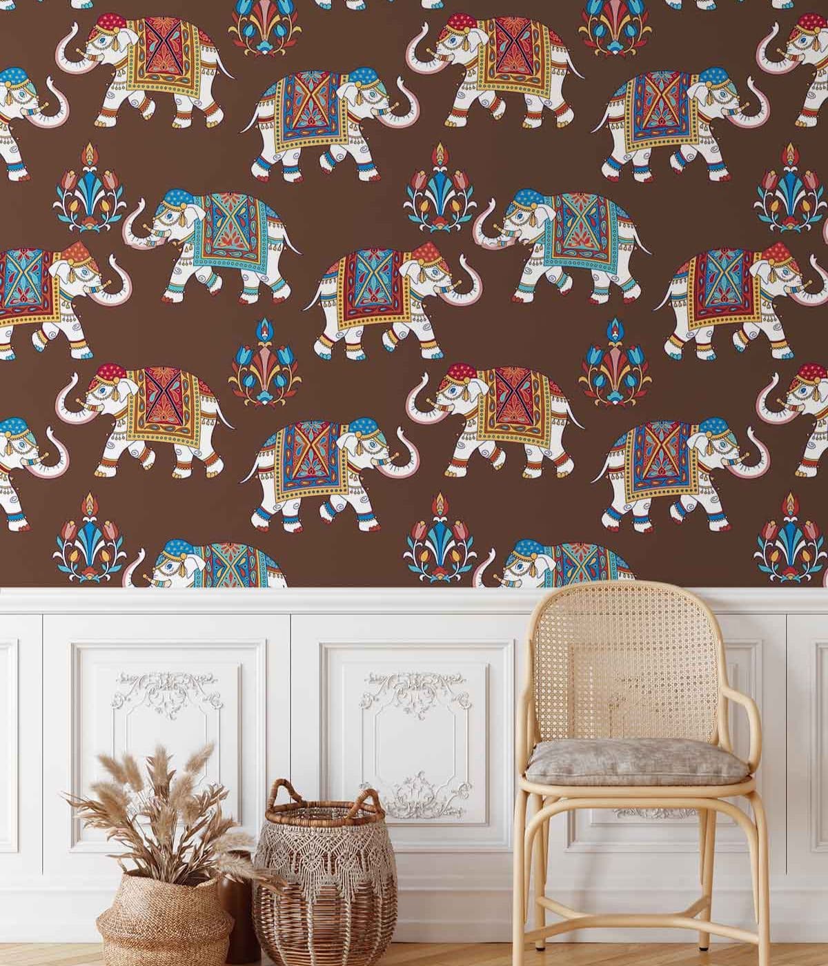 Elephant Guardian Vastu Tapestry Wallpaper shown in a room