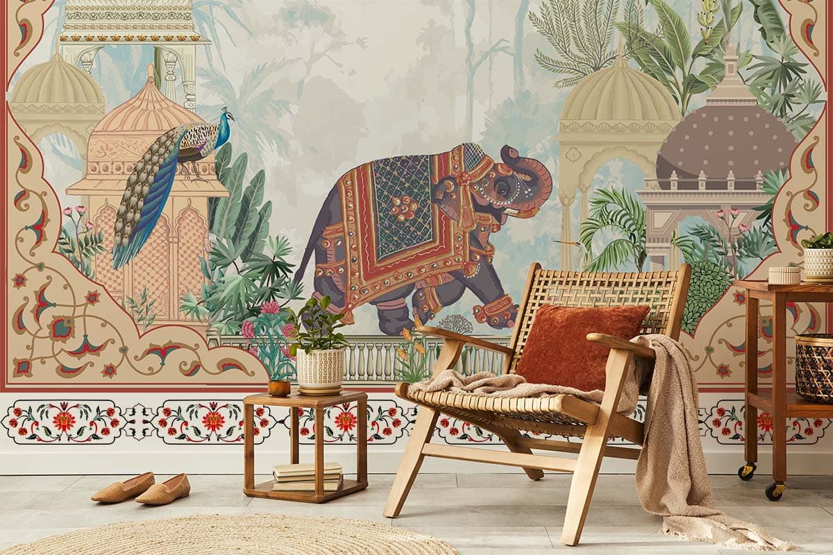 Harmony and Fortune Elephant Wallpaper shown in a room