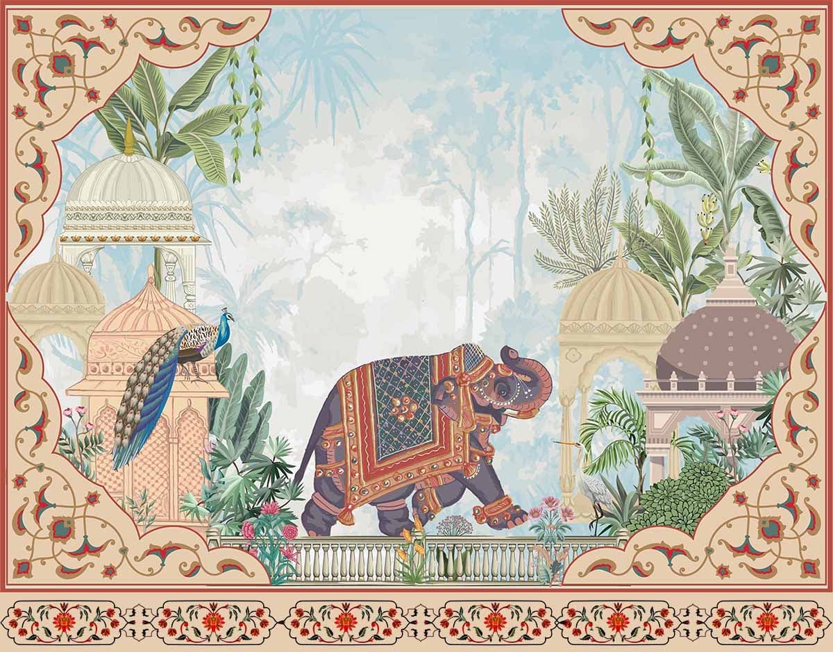 Harmony and Fortune Elephant Wallpaper pattern detail