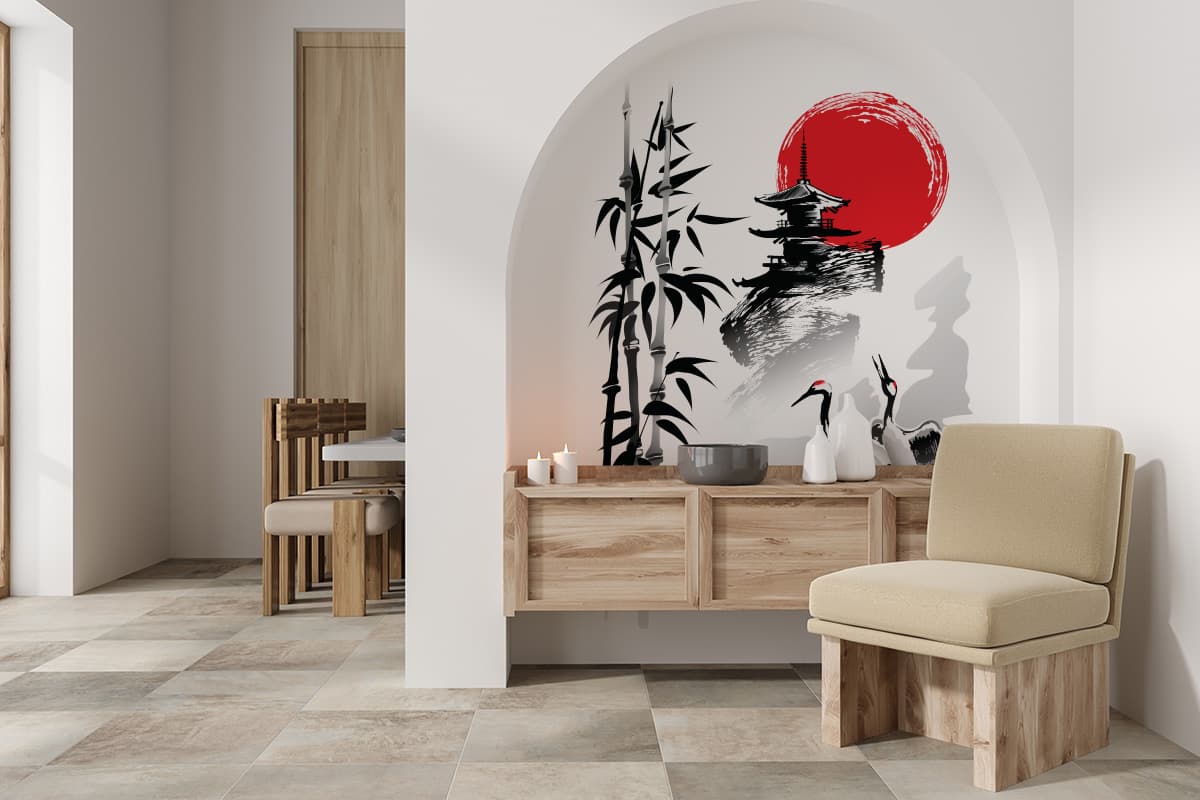 Premium Sunrise Harmony Mural Design wallpaper shown in a room