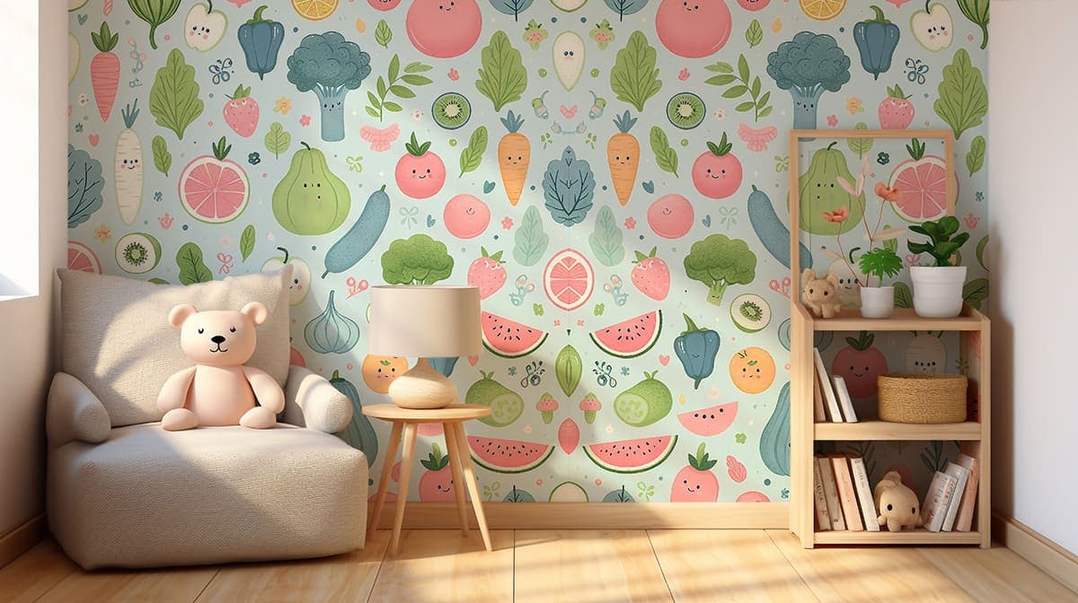 Seamless Kids Wallpaper Pattern Playful Wall Mural Wallpaper shown in a room