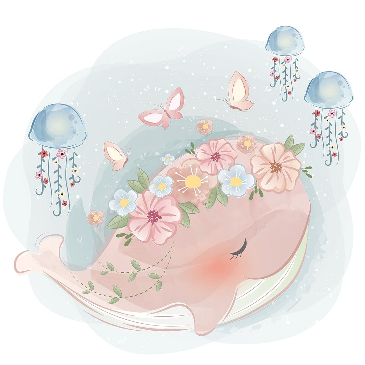Little Pink Whale Magic Kids Room Wallpaper pattern detail
