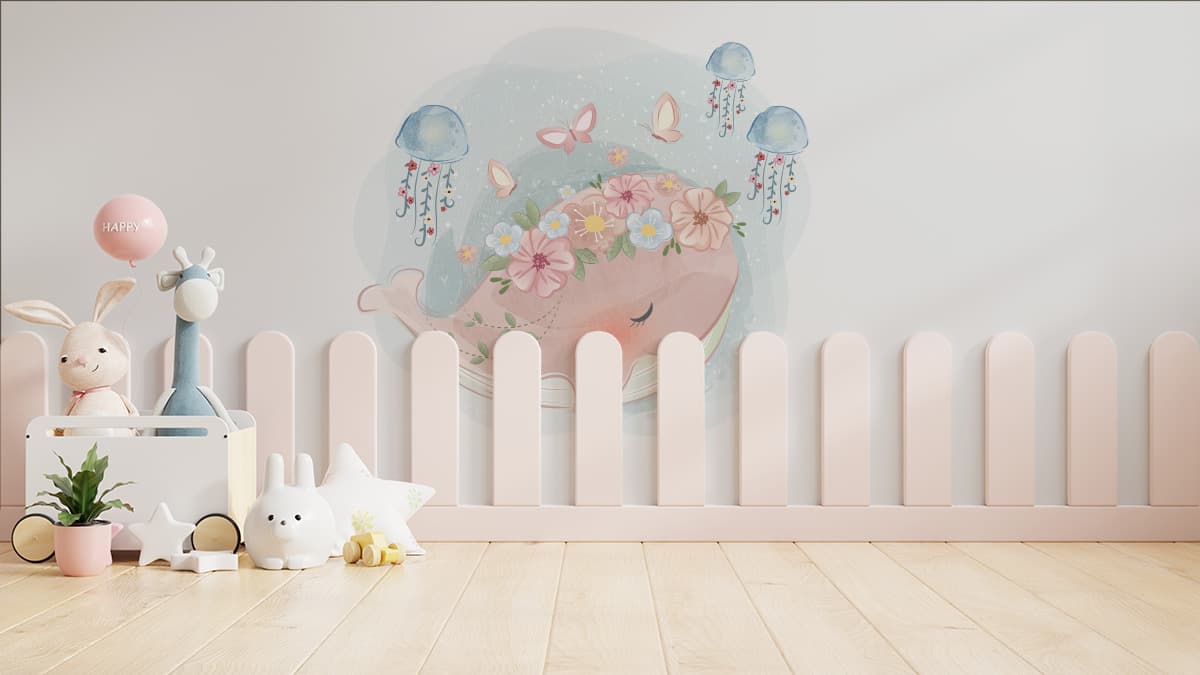 Little Pink Whale Magic Kids Room Wallpaper shown in a room