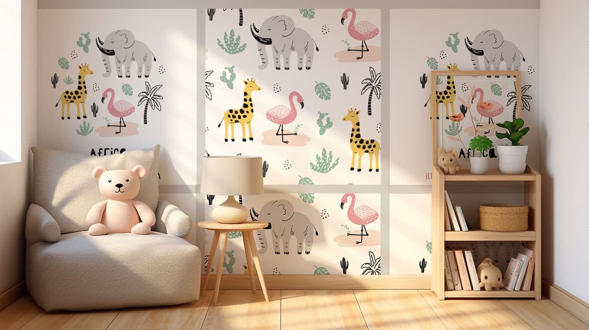 Cute Animal Seamless Pattern Kids Room Wall Mural Wallpaper shown in a room