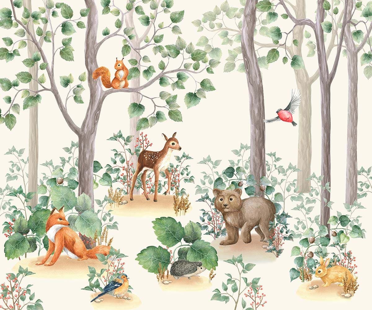 Cute Forest Animals Kids Room Nursery Wallpaper pattern detail