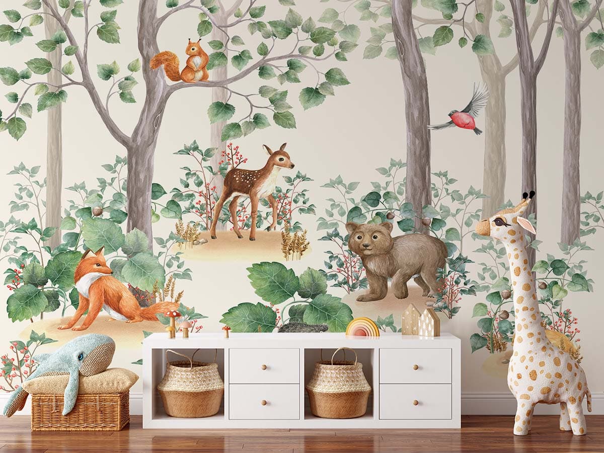 Cute Forest Animals Kids Room Nursery Wallpaper shown in a room