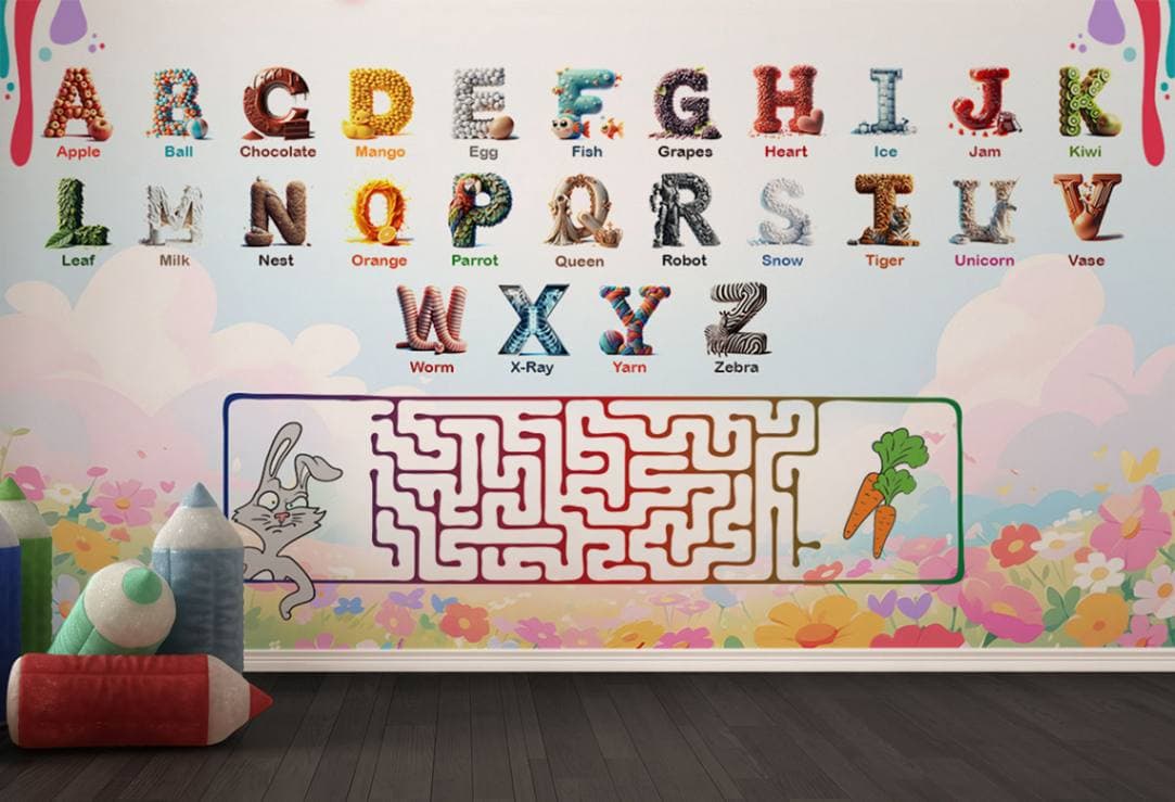 Fun Alphabet Learning Wallpaper for Kids Room shown in a room