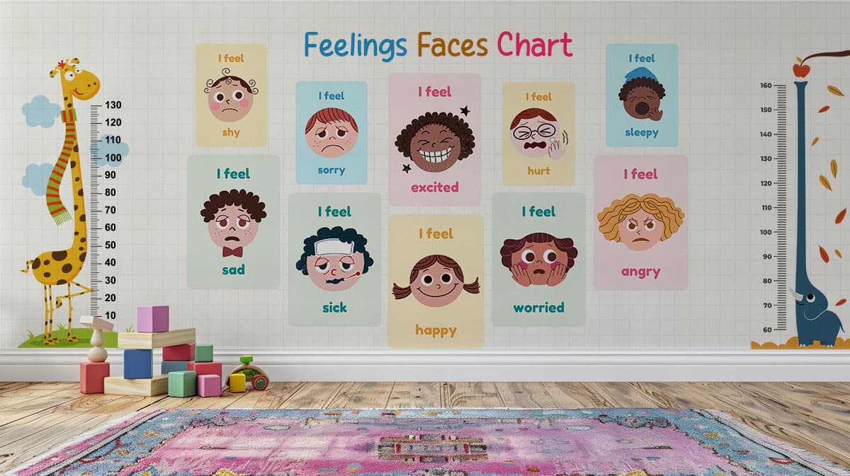 Kids Feelings & Emotions Faces Learning Chart Wallpaper shown in a room