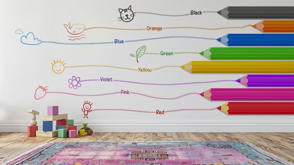 Interactive Colours Learning Wallpaper for Kids Room shown in a room