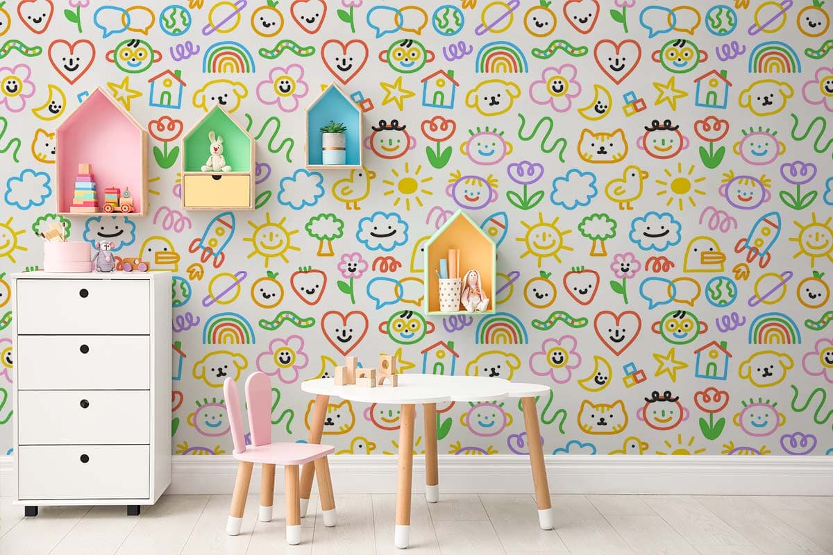 Colorful Seamless Kids Pattern Fun Wall Mural Wallpaper shown in a room