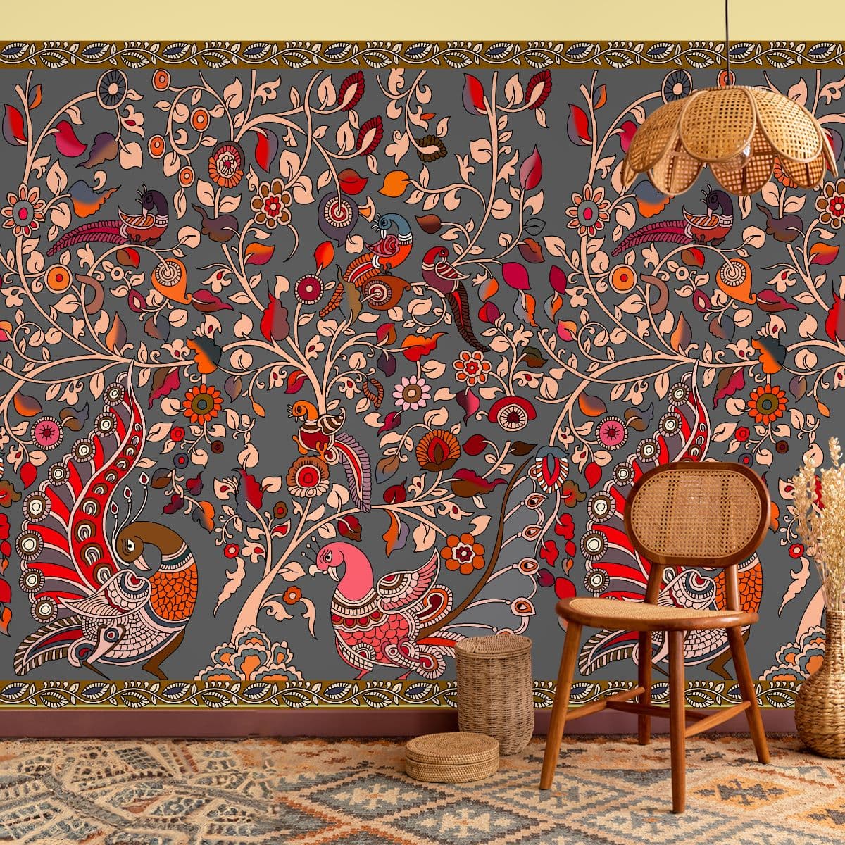 Majestic Kalamkari Plumes Wallpaper shown in a room