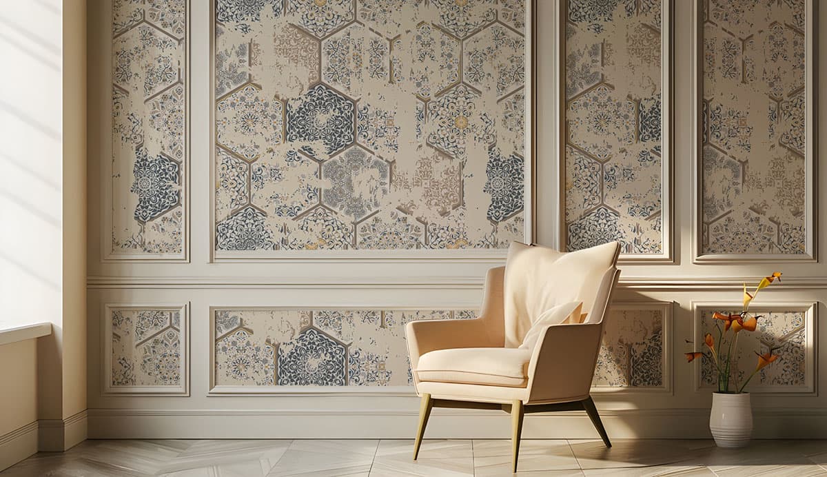 Azulejos Tiles Patchwork Wallpaper Mural shown in a room