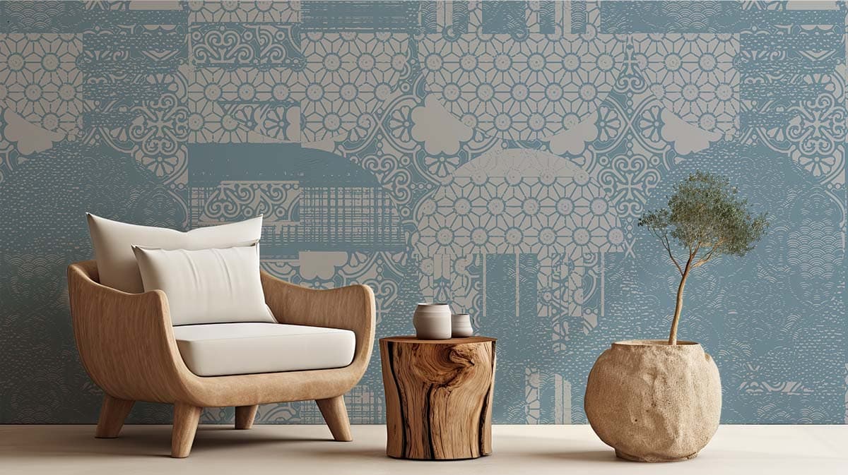 Serene Native Japan Floral Design Wallpaper shown in a room