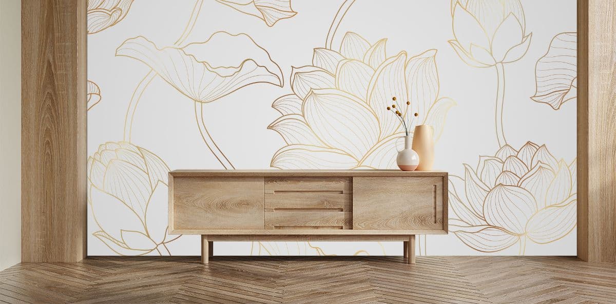 TV Unit Golden Lotus Line Pattern Wallpaper shown in a room