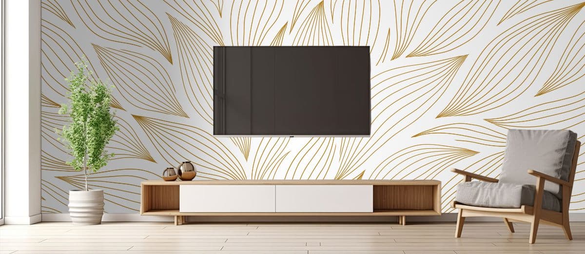 TV Unit Luxurious Leaves Line Art Wallpaper shown in a room