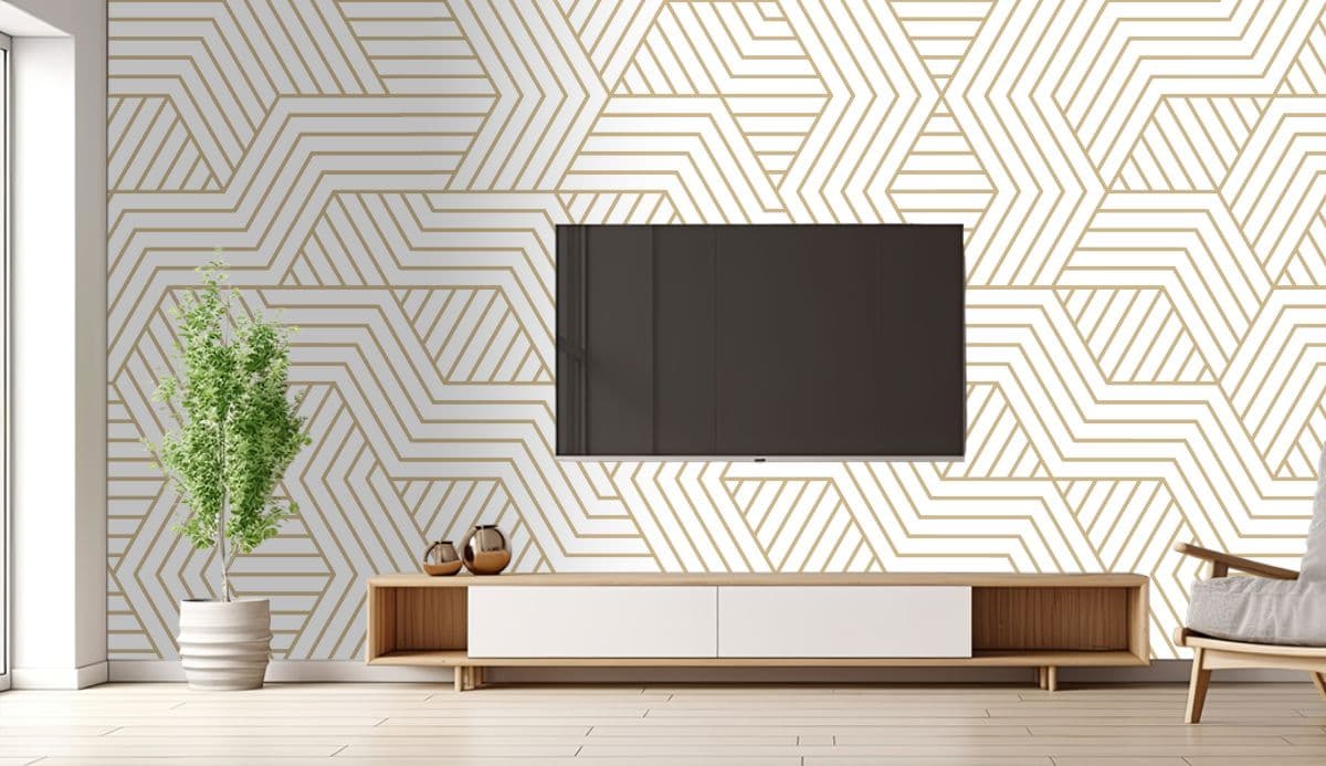 TV Unit Modern Line Pattern Wallpaper shown in a room