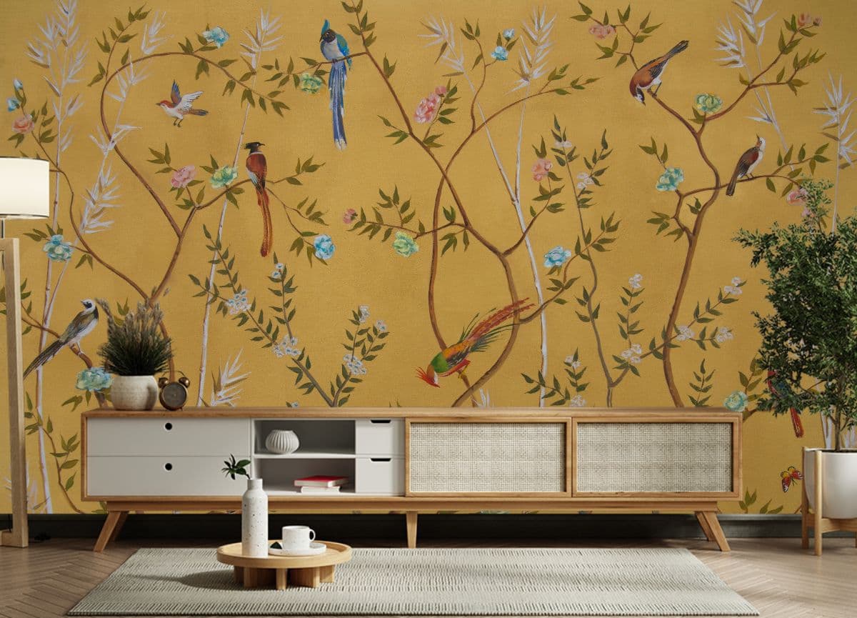 TV Unit Orange Chinoiserie Wallpaper Mural shown in a room