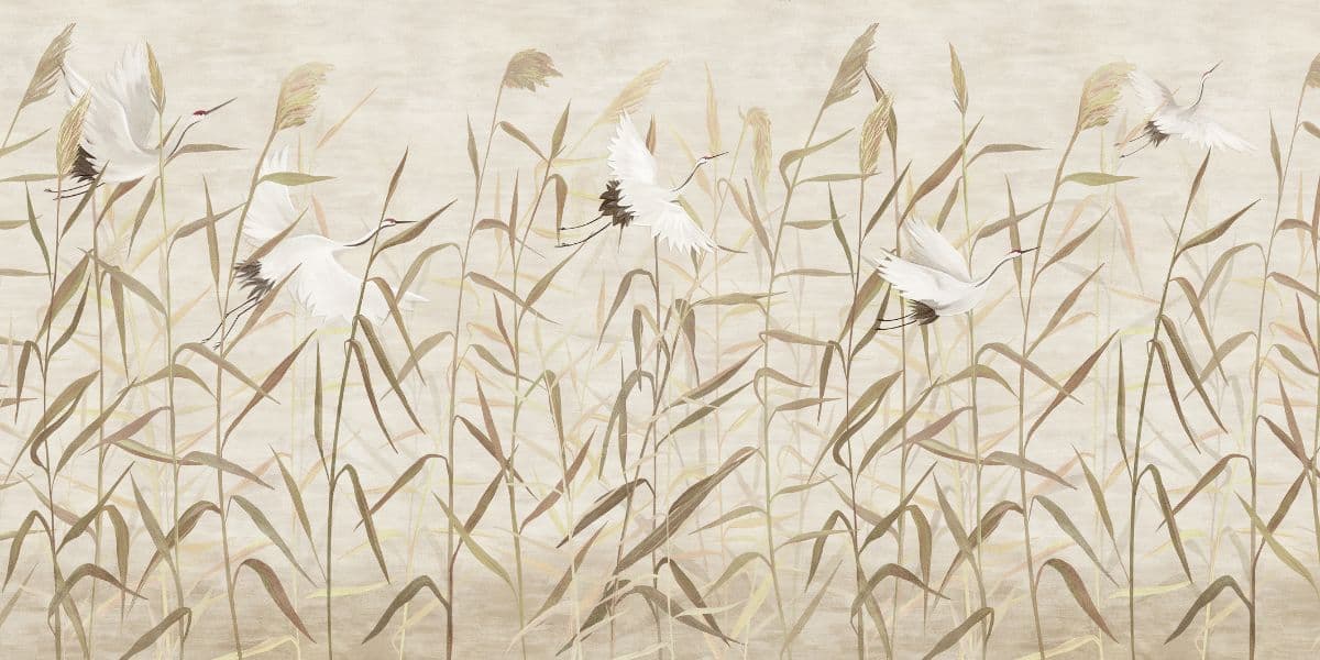 TV Unit Reeds with Flying Storks Wallpaper Mural pattern detail