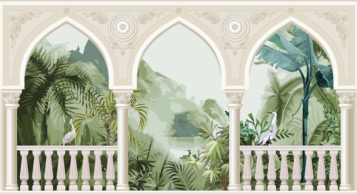 3D Watercolor Landscape Garden Arch Wallpaper pattern detail