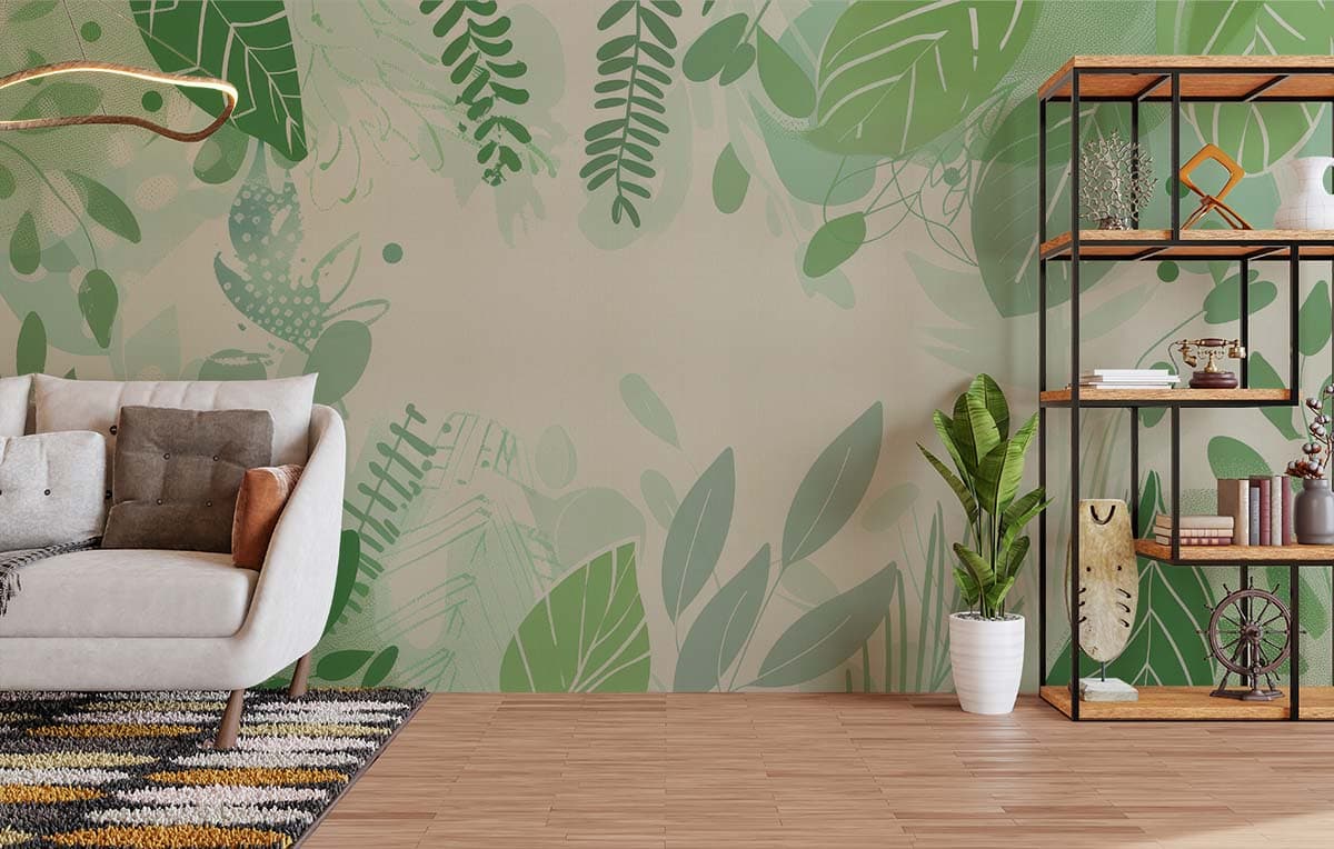 Beautiful Nature Inspired Hanging Leaf Wallpaper shown in a room