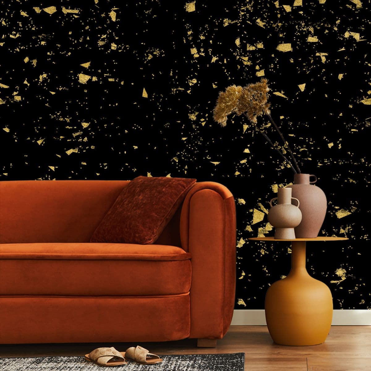 Black Gold Terrazzo Glitter Flakes Wallpaper shown in a room